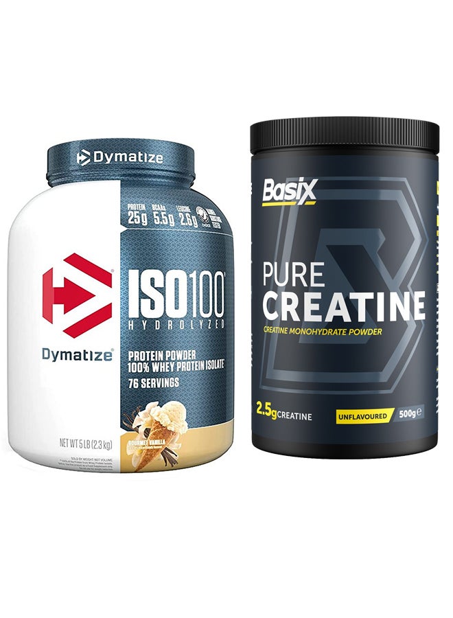 Dymatize Exclusive Bunde Offer - ISO 100 Gourmet Vanilla 5 lbs 76 Servings and Basix Pure Creatine Unflavored 500 Gm - Image 1